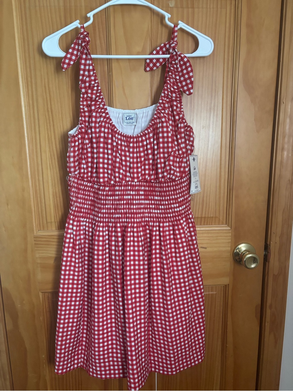 Kacey Lee Red Gingham Tie-Shoulder Midi Dress